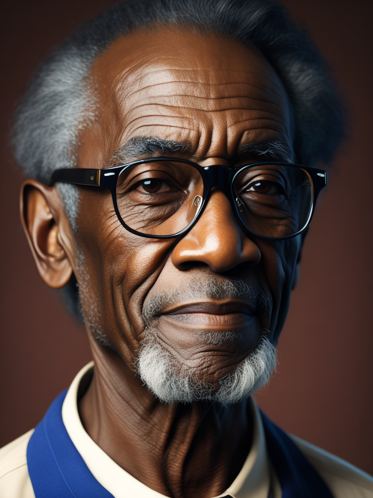 Elderly man with black skin and blue hair wearing glasses