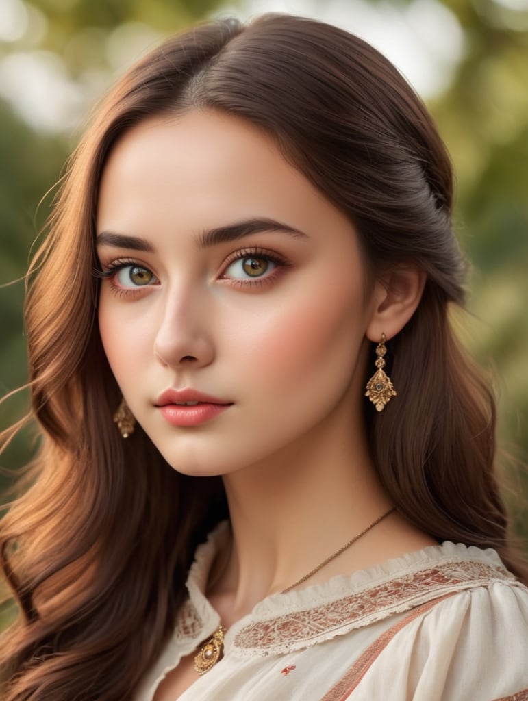 Georgian era twenty year old pretty girl with sharp exquisite bright dark eyes, chestnut hair, natural look, highly detailed, saturated colors, attractive, heart shaped small face, high cheekbones