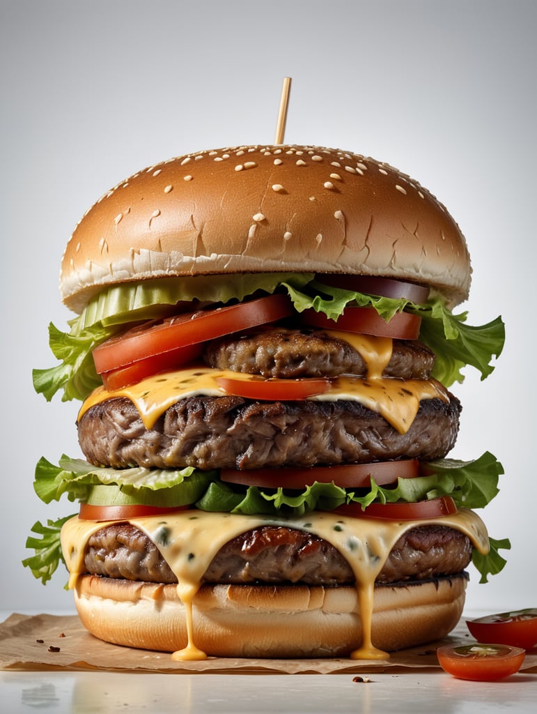 an appetizing burger with lettuce, tomato and melted cheese, ultra hd, isolated, hyper realistic, detailed,