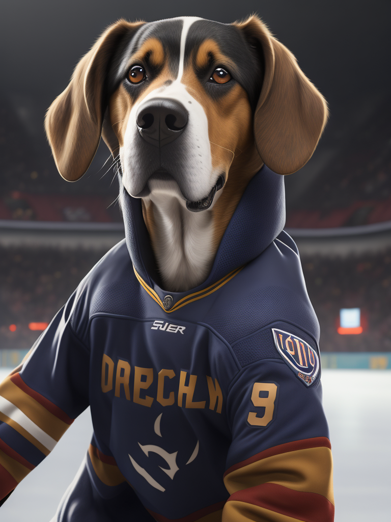 dog in hockey uniform