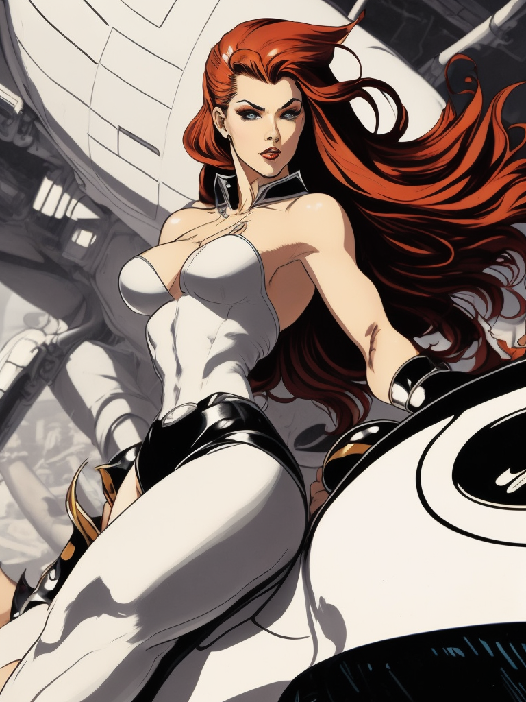 Miss Fortune pin-up in the style of ed emshwiller, curvaceous body, sitting on a rocket in the style of ed emshwiller, beautiful face, sparkling eyes, flowing long hair, scene, digital art, centered, sunlight, godrays, vignette, shaders, intricate, highly detailed, bloom, sharp focus, depth of field,