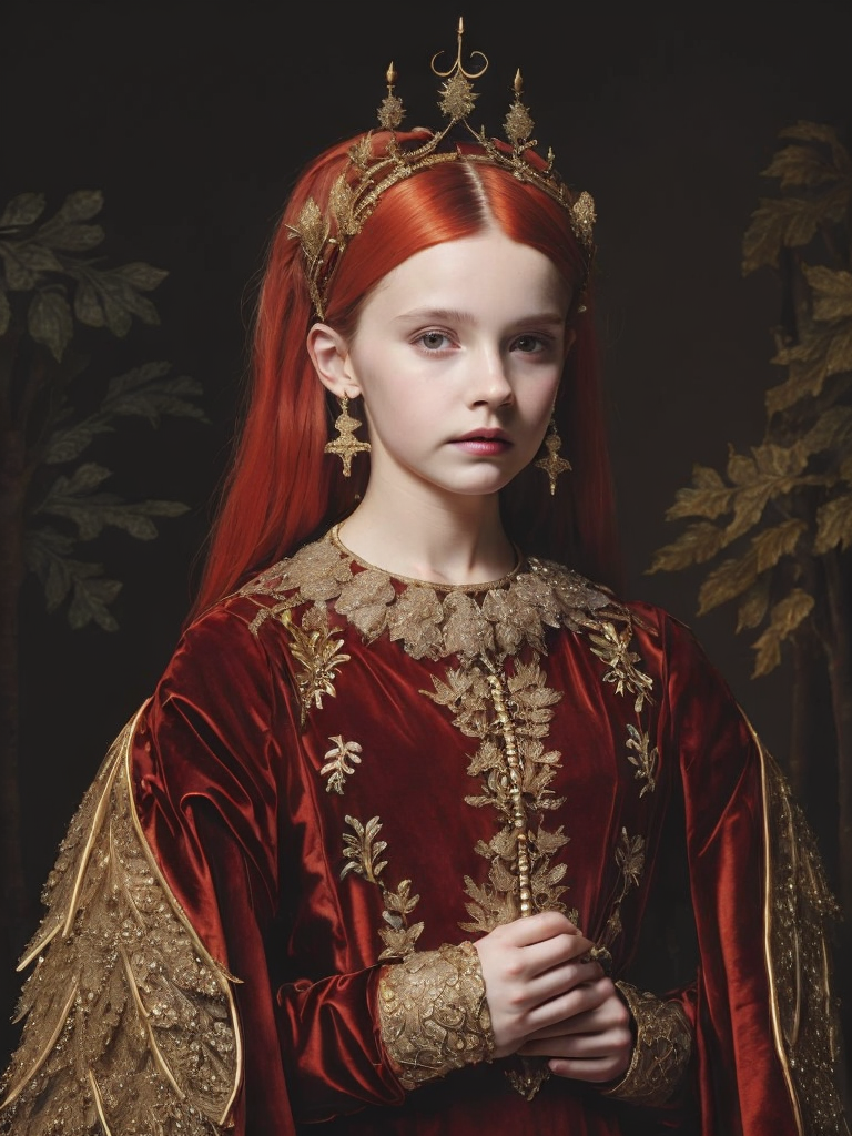 A young girl with golden wings in a red velvet dress with golden embroidery, beads, expensive lace, with red hair, jewelry from the 15th century in her hair, a dark background with trees and castles, the style of Lucas Cranach the Younger, medieval style