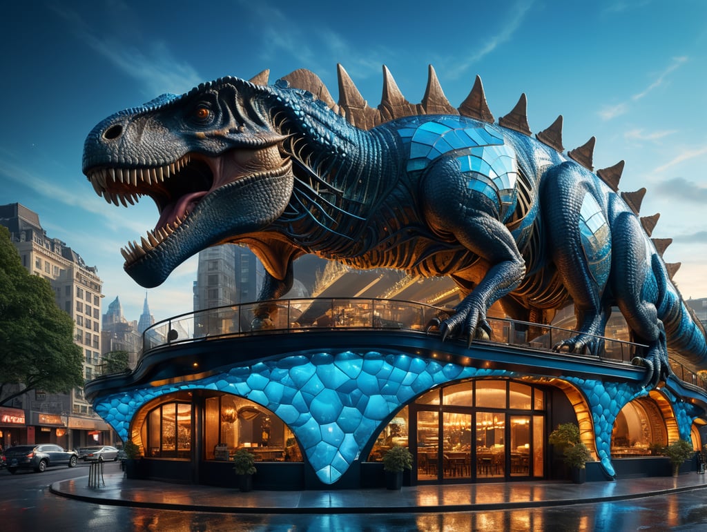 dream prompt: the craziest wide viewing angle and large view lens architectural modern style hyper realistic hyper detailed neocosmic exterior architecture design of a Tyrannosaures Rex shape Fluid restaurant facade, bleue geometric Tyrannosaures Rex spectrum, bleue::1 white::3, Alberto Seveso architecture art style, in new york city, night ambient, night light, cinematic photo, natural lighting, camera nikon, 8k, --s1000 --style raw, you can imagine