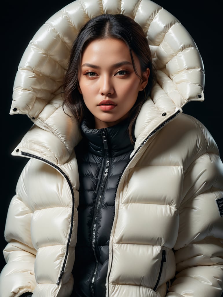 well lit fashion shoot portrait of extremely beautiful female wearing massively over size puffer jacket by craig green, dingyun zhang, yeezy, balenciaga, vetements, sharp focus, clear, detailed, , cinematic, detailed, off white, glamourous, symmetrical, vogue, editorial, fashion, magazine shoot, glossy