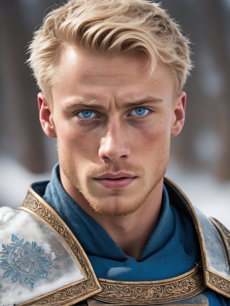 portrait of a 20 year old blonde male with blue eyes and icy cold expression with a burn scar on the right side of his face and muscular lean physique wearing a 16th century tunic