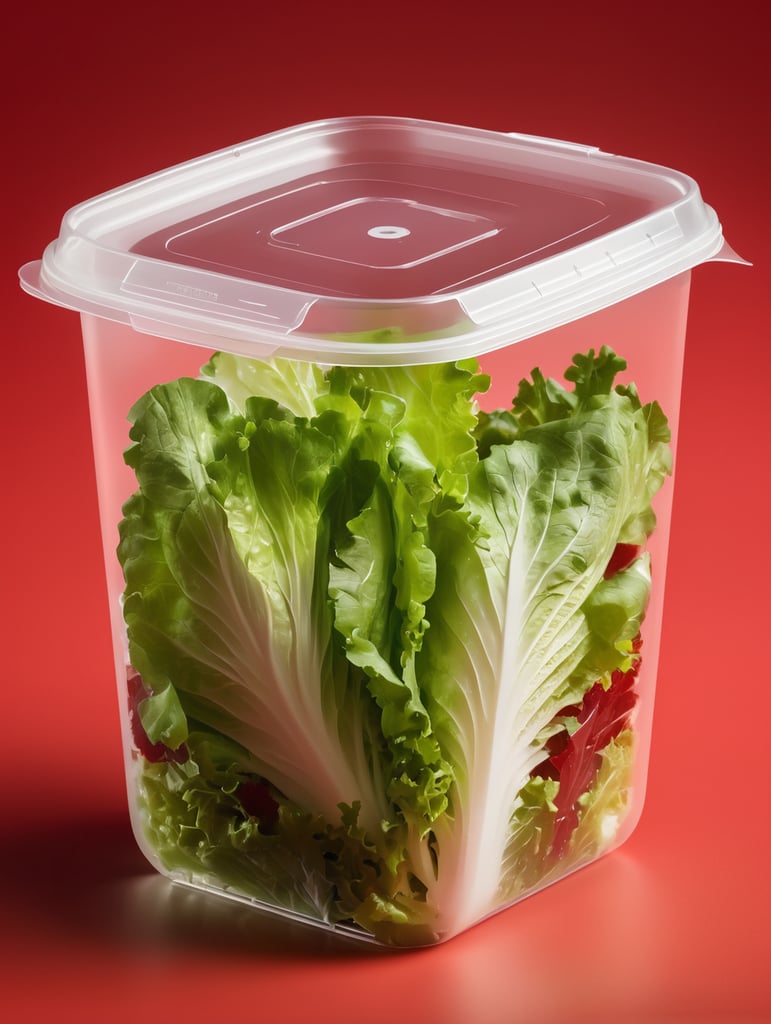 blank Transparent Plastic Container with Iceberg lettuce Salad, isolated, red background, Mockup, mock up