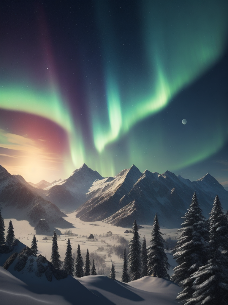Ethereal aurora borealis over a snowy mountain range, with a full moon shining in the background, mystical, peaceful, serene, winter landscape, high detail