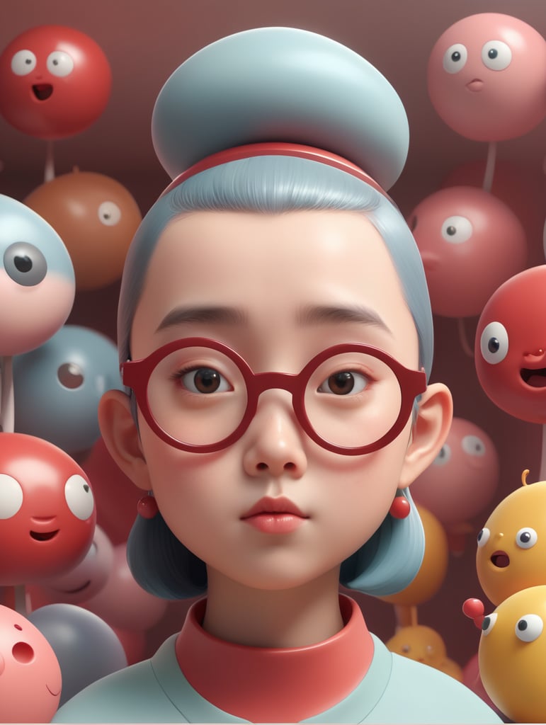 Cartoon character is shown, in the style of yanjun cheng, 8k 3d, olivia locher, cranberrycore, post-internet aesthetics, jun kaneko