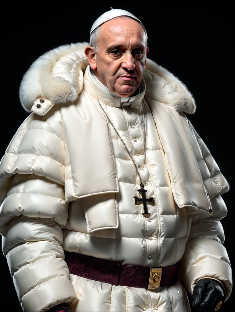 Professional photo of a glamour Pope Francis looking stylish in a white puffer jacket