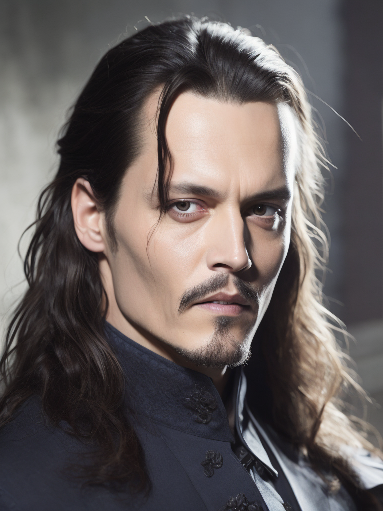 Portrait of Johnny Depp as Count Dracula, majestic look, long hair, mantle, against the backdrop of a medieval castle, detailed background, contrasting light, detailed face, muted tones