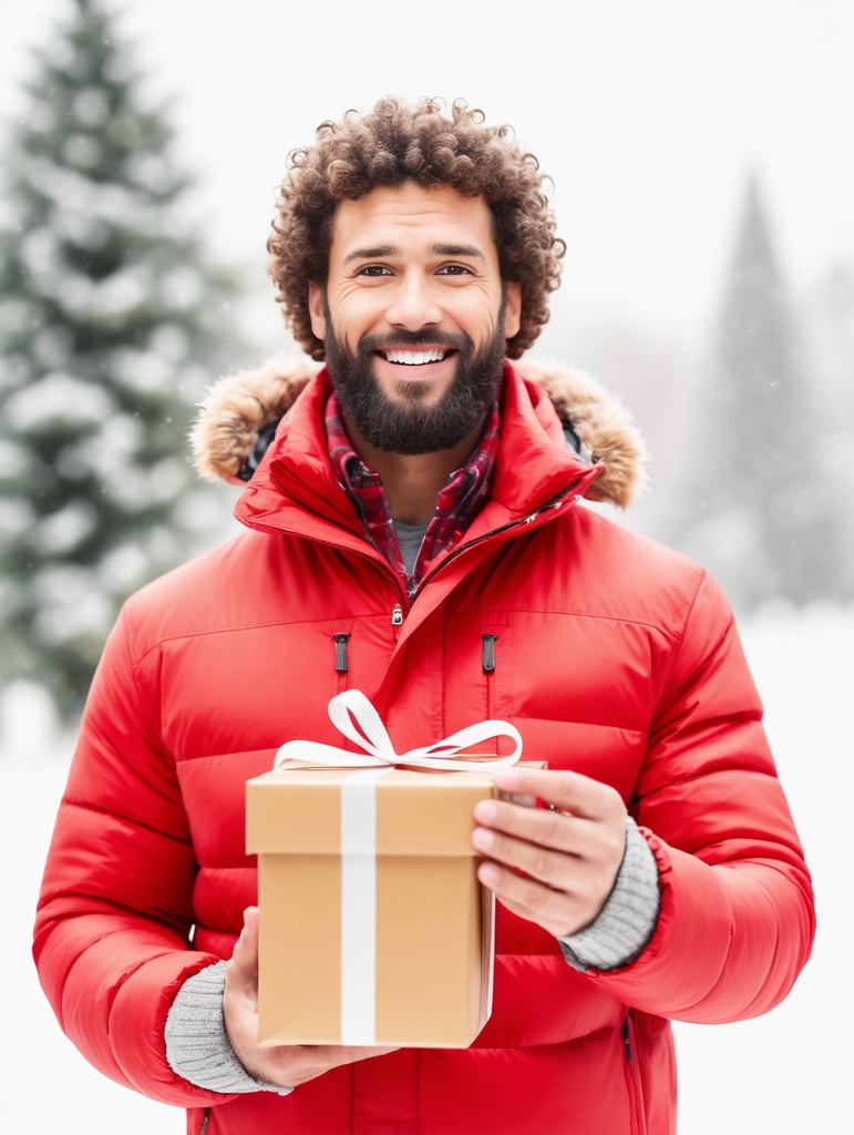 portrait of a bearded curly man wearing red puffer jacket, stands front camera with gift box his hand, snowy weather, Christmas time