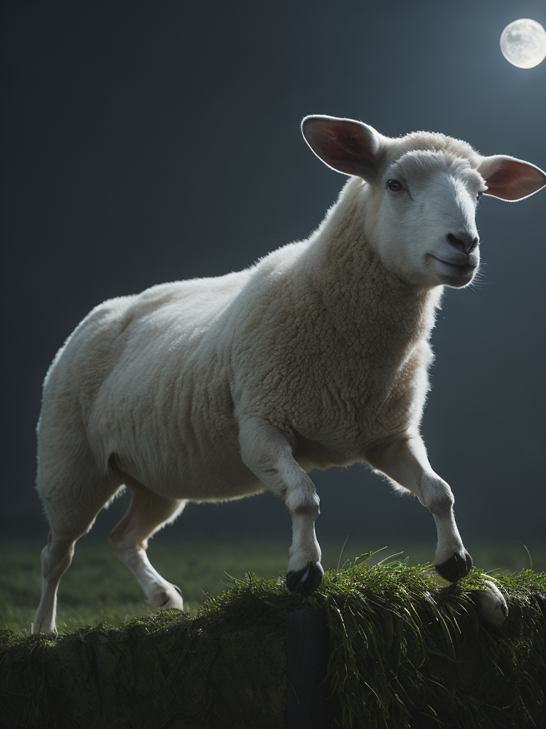 Photo realistic young sheep jumping over a fence in a field behind a house at night with a bright moon