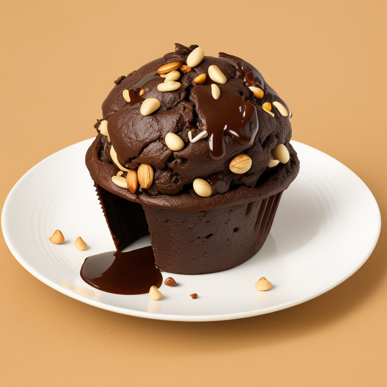 chocolate muffin with nuts on a plate, focus on details, high quality photo