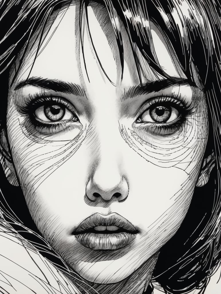 Scratchy pen strokes, blind contour, fisheye perspective closeup, beautiful girl, s face in darkness, stark hatch shaded sketchy scribbly, ink, strong angular shapes, woodcut shading, pen strokes, pouty lips, hungry eyes, minimalist realistic, anime proportions, distorted perspective