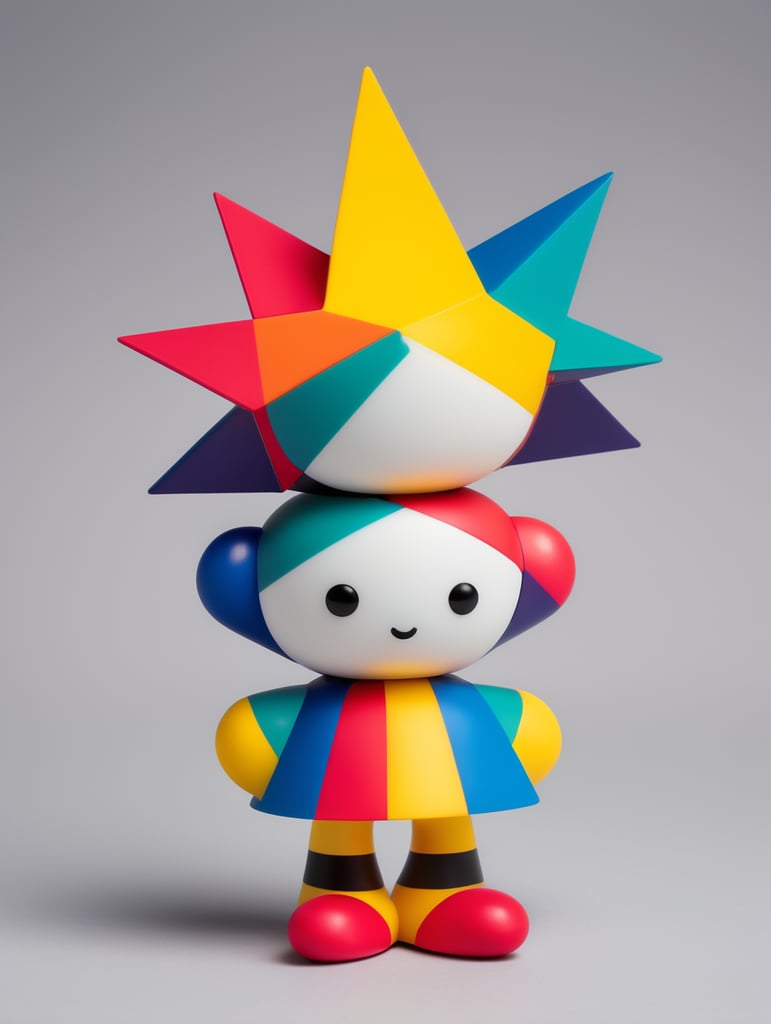 Vinil toy de un personaje skater con mucho pelo de colores vibrantes inspirados en el ballet triadico de la Bauhaus en un set design minimalista