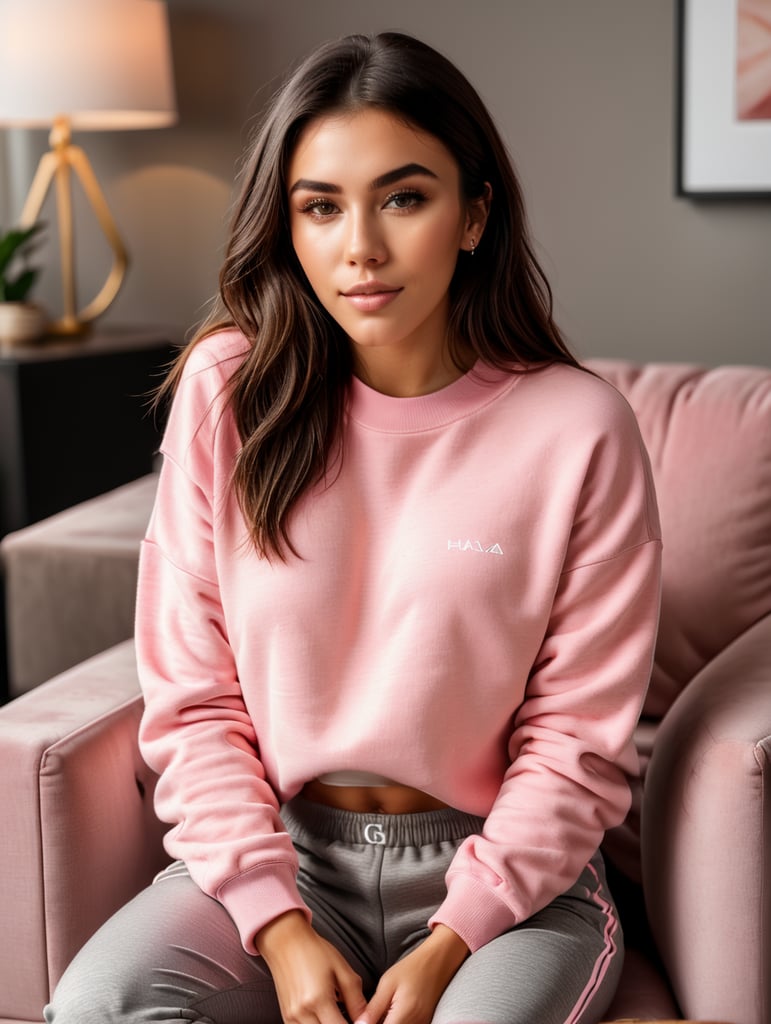 Madison beer , sitting down , wearing grey joggers , pink sweater , couch , high quality , looking at viewer