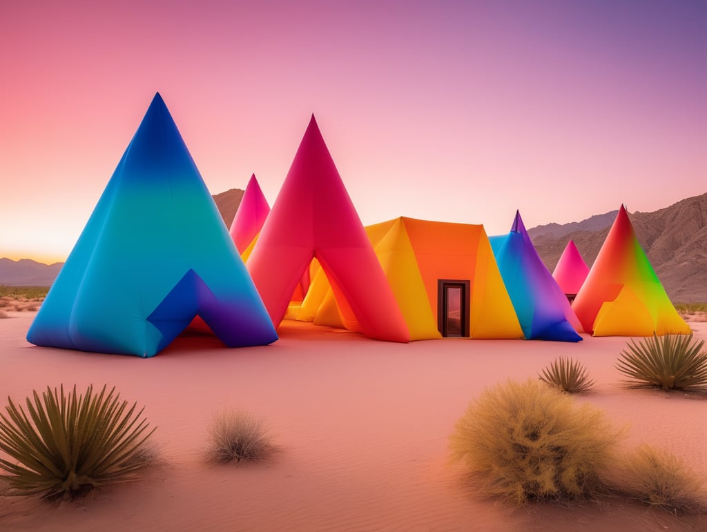 4 prismas inflables en medio del desierto inspirados en la arquitectura de Luis Barragán, con colores vibrantes y degradados.