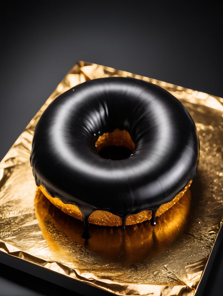 черный пончик покрыт золотом лежит на черном столе, черная комната, слабое освещение