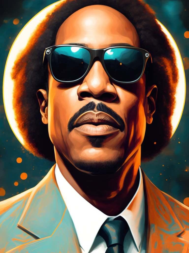 Portrait of Stevie Wonder, incredibly high detail, oil painting, saturated colors, dramatic lighting, african motif background