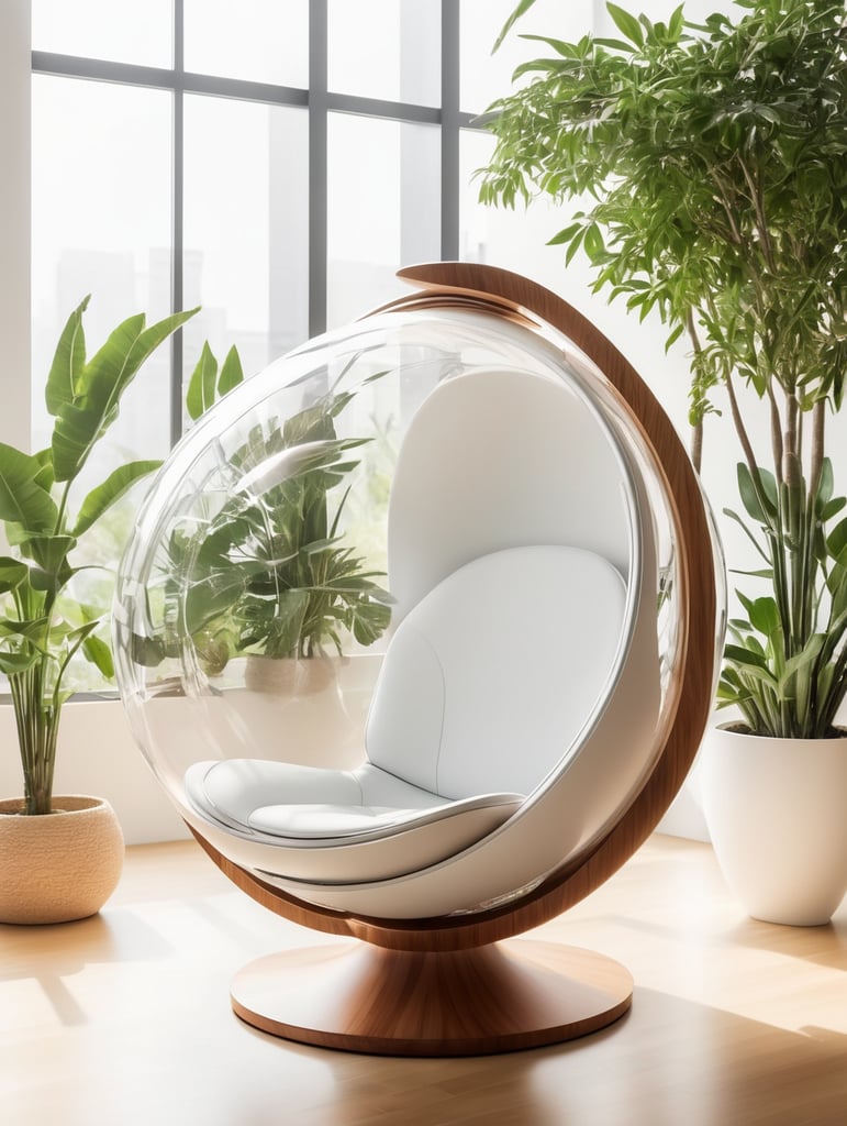 Futuristic sci-fi pod chair, flat design, product-view, exclusive photography, transparent orb, natural lighting, plants around, natural daytime lighting, natural wooden environment