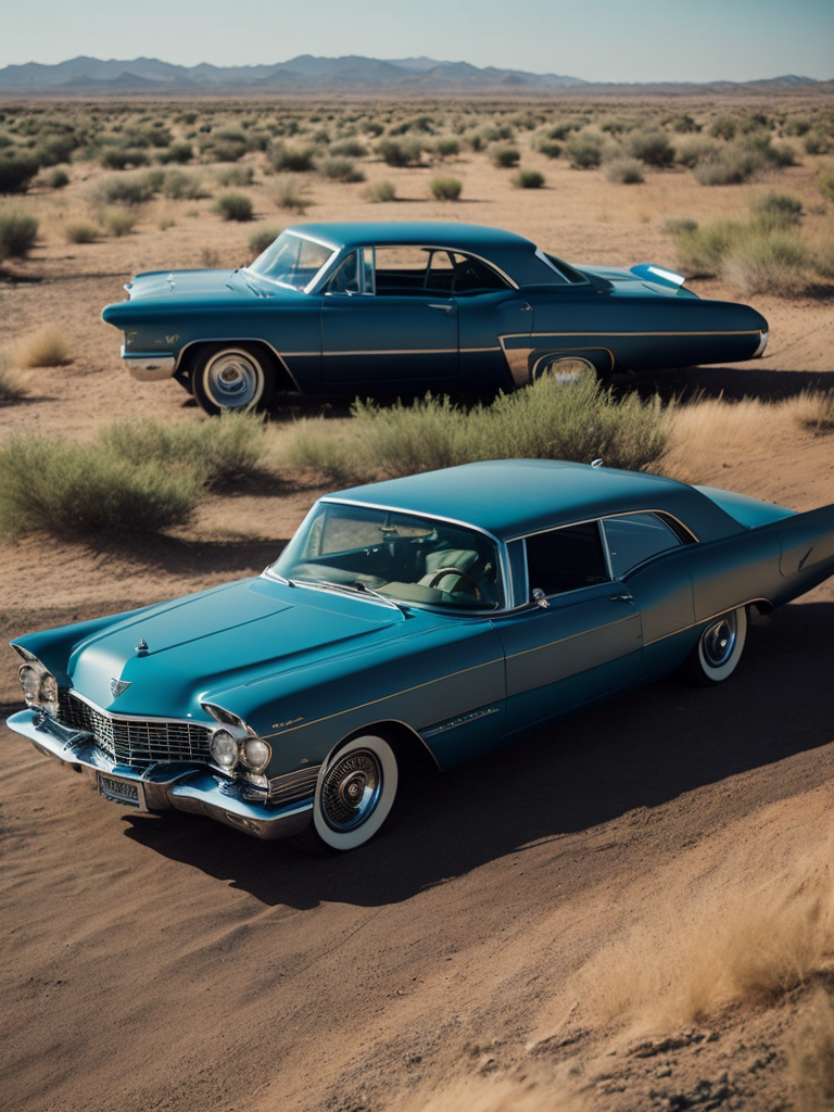 Blue cadillac eldorado 1959 in the desert, dunes on the background, Sunny day, Bright and rich colors, Detailed image