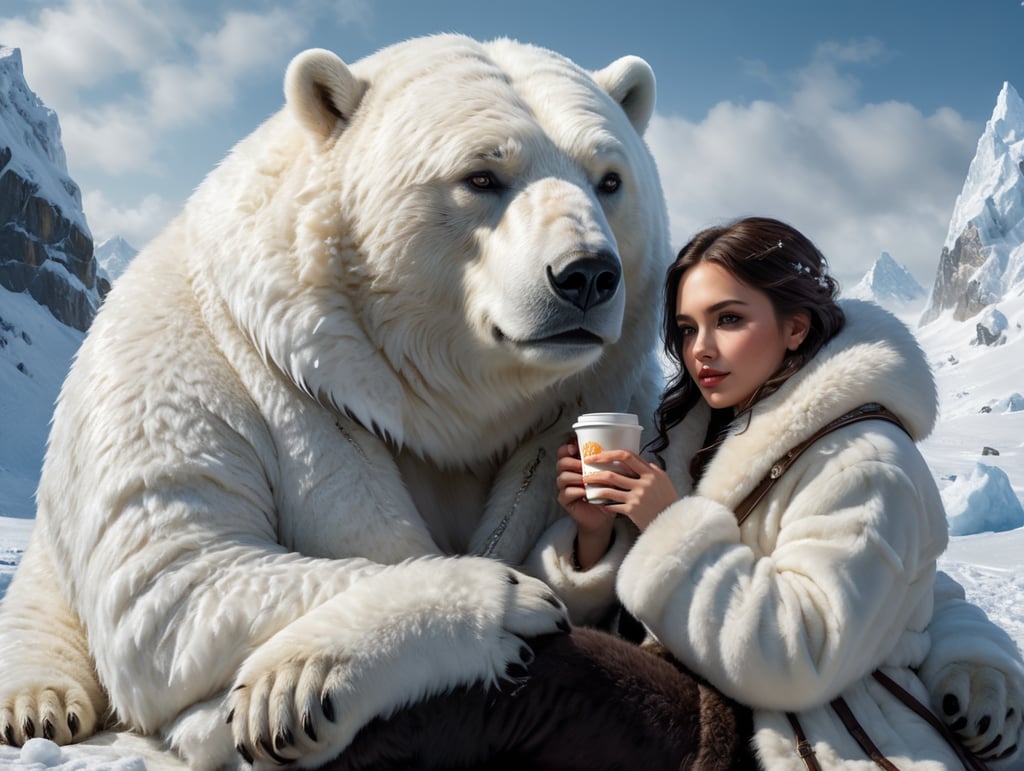 portrait of young woman with dark hair sitting drinking coffee from a cup, wearing a thick white fur coat, friendly polar bear sitting right next to her with his paw resting on her shoulder, polar location, ice and snow, cold environment, highly detailed