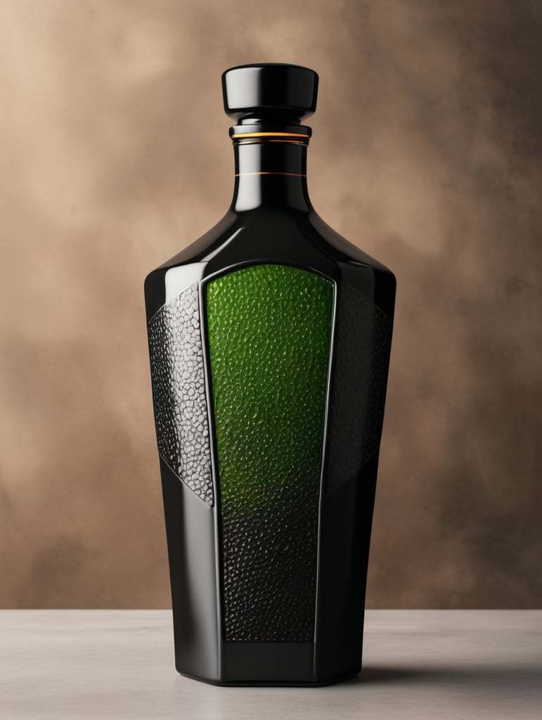 botella de tequila luxury de material ceramico negro con difuminado verde y ambar hexagonal y alta sin etiquetas, tapadera de con textura de basalto, mockup, mock up