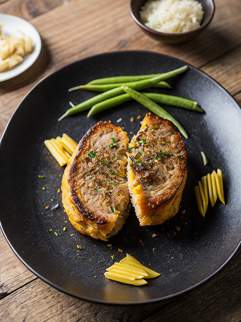 cutlet stuffed with pasta feathers, pasta is inside the cutlet, the cutlet is cut in half, pasta feathers is visible in the cut, the cutlet lies on a plate