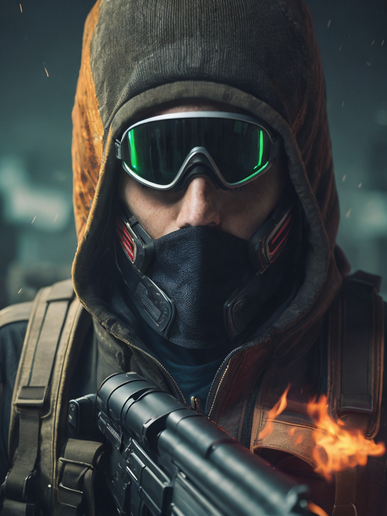 terrorist man with mask from counter strike game with ak-47, ultra realism, super detailed, neon colors, magazine cover, professional shot, magazine photography, bright saturated colors, sharp focus, highly detailed