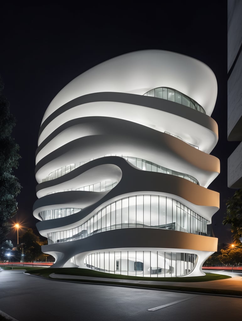 at night, white office building with curved shapes in front, in the style of Zaha Hadid, concrete, flowing, soft, melted