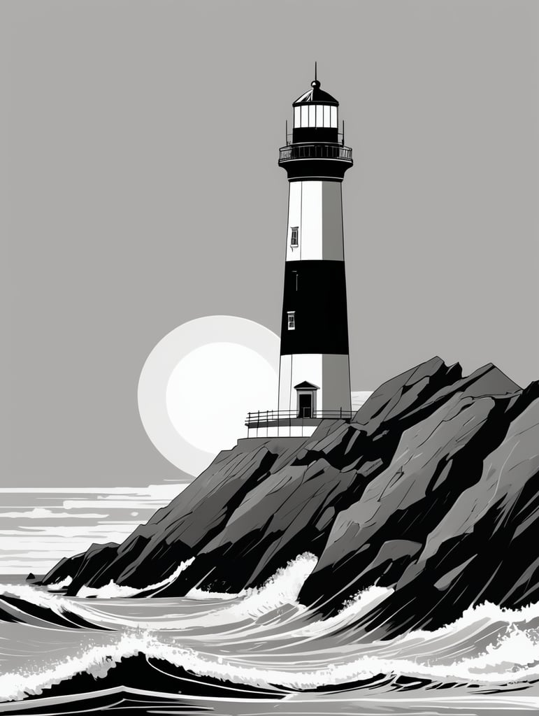 A lighthouse, black and white, comic-style