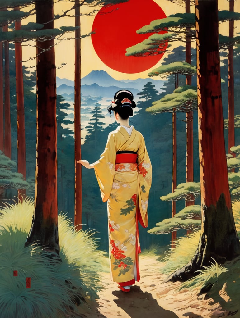 Painting of a geisha with european features entering a japanese pine forest, by range murata, a big red sun in the background, stunning, matted, paul gauguin, van gogh