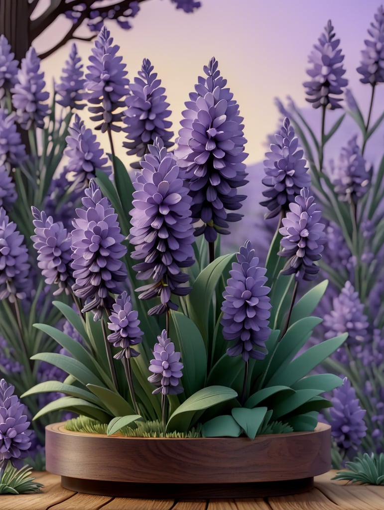 lavender flowers made of paper on a wooden stand made of dark bog oak against a background of lavender