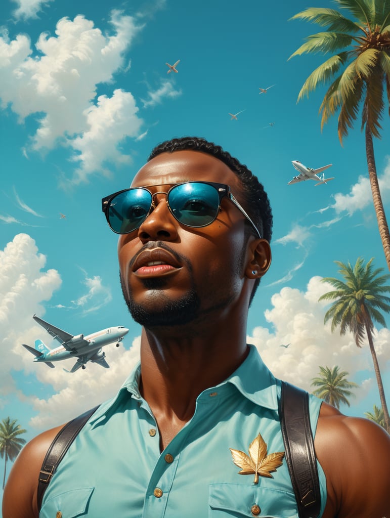 Pin up art, portrait, a black man raised his head up, looks at the sky, sunglasses, one airplane flies in a clear sky and leaves a mark, summer, palms around, palms reflected on a sunglasses, turquoise shades, style by Gil Elvgren