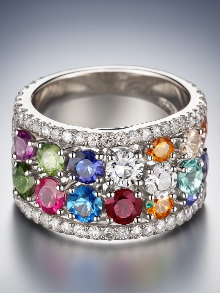 Platinum queen ring with colourful gems