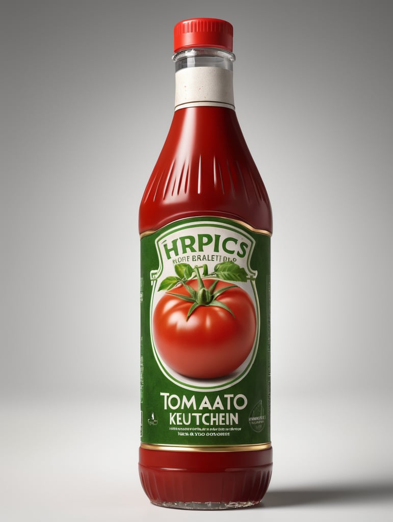 tomato ketchup bottle, red tomato with green leaves, isolated, white background