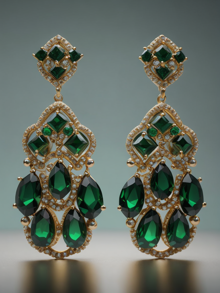 Queen gold jewellery earrings adorned with emeralds, green gradient background, vibrant colors, high detail, contrast light, sharp focus