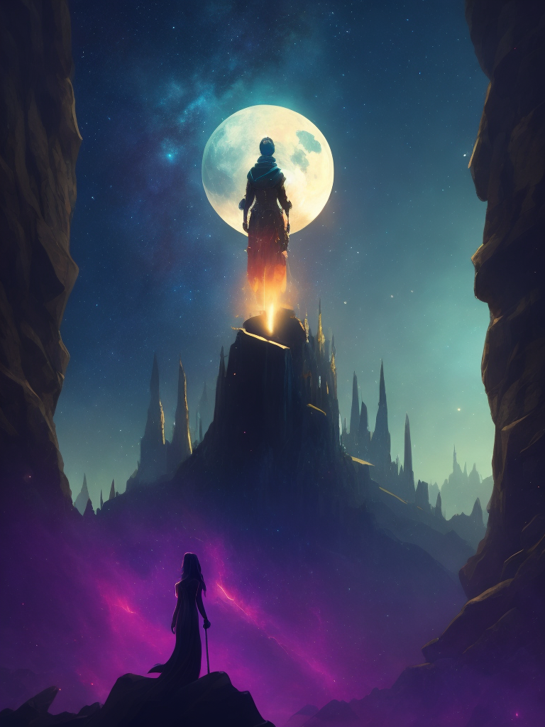 Design a fantasy book cover in the style of Kelly Ritchie using digital illustration. Take inspiration from Kelly Ritchie's minimal yet captivating backgrounds. Create a scene with a mesmerizing night sky filled with swirling nebulae and distant constellations. Add enchanting motifs such as glowing crystals and ancient ruins scattered across the landscape. Color temperature: Deep blues and purples, evoking a sense of mystery and magic. Lighting: Gentle moonlight casting subtle highlights on the stars and motifs. Atmosphere: Enchanting and otherworldly, drawing viewers into a realm of fantasy. --v 5 --stylize 1000