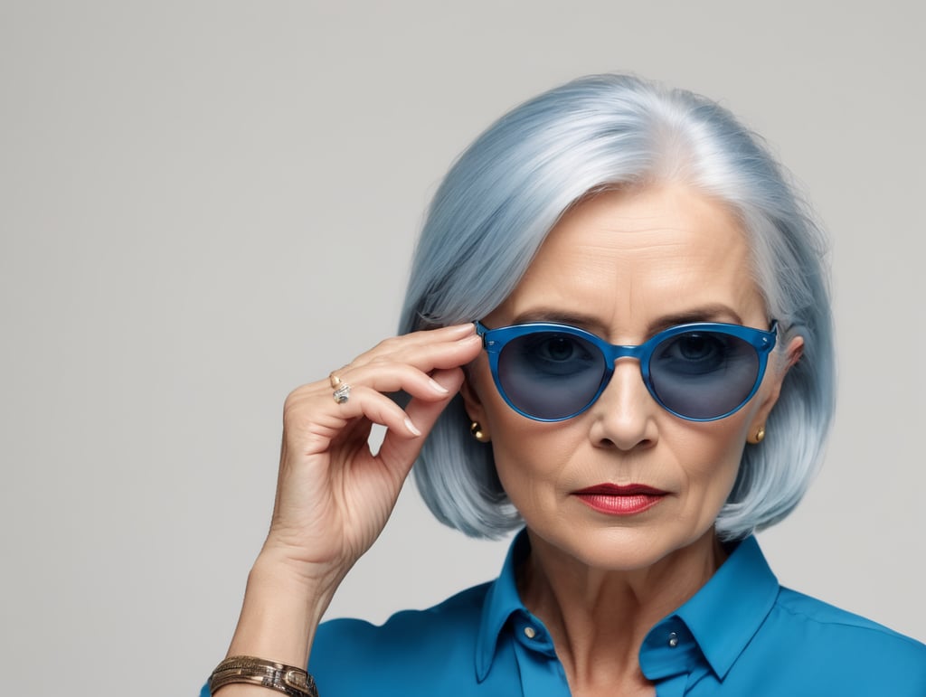 Blonde middle aged woman ponders on something keeps hand near face, blue hair, blue blouse, black sunglasses, minimalistic style, fashion, mature women, pretty old women, isolated, white background