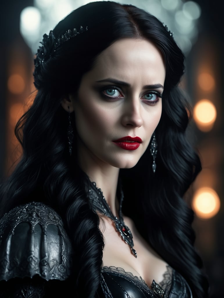 Vampire Queen, backlit, intricate details, highly detailed, slate atmosphere, cinematic, dimmed colors, dark shot, muted colors, film grain, lut, spooky, depth blur, blurry background dof, bokeh, realistic, realistic skin, Eva Green