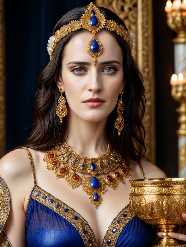 Portrait of Eva Green as an evil spirit, demonized Queen of Sheba or Bilquis, the Sumerian goddess, voluptuous look, in a transparent tunic richly decorated with gold embroidery, all studded with precious jewelry - gold, silver, lapis lazuli, carnelian, agate and chalcedony beads, with large gold earrings and a headdress of gold flowers inlaid with Indian carnelian and Afghan lapis lazuli, in her hand she holds a golden bowl filled with blood, in the interior in the style of Sir Edward John Poynter's The visit of the Queen of Sheba to King Solomon, eerie, sophisticated, Halloween, cinematic photography, action shoot, movement, epic, high definition