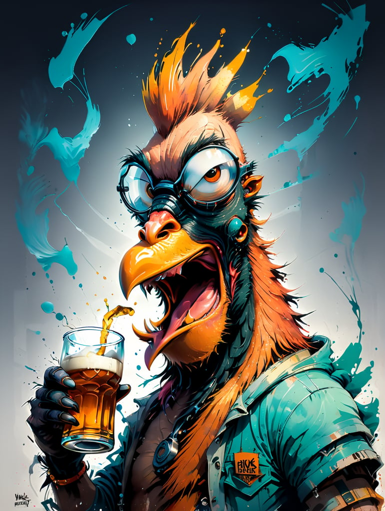 Drunk rooster holding beer