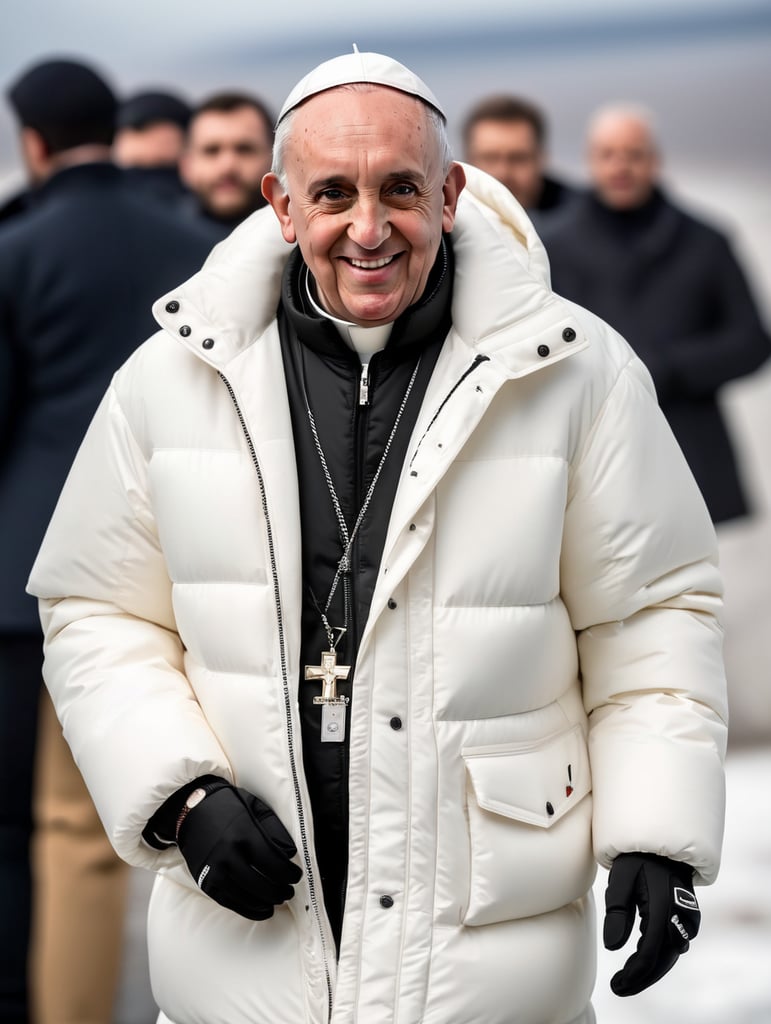 Professional photo glamour of Pope Francis looking stylish in a white puffer jacket