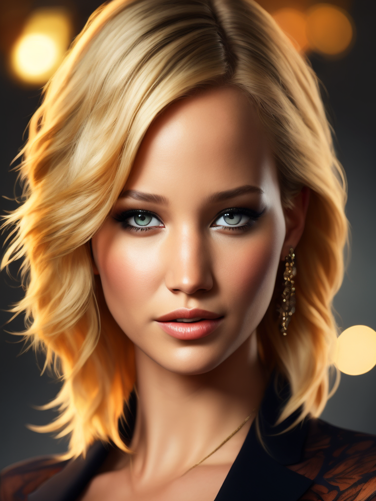 Portrait of Jennifer Lawrence, ultra realistic, blonde hair, bright makeup, detailed background