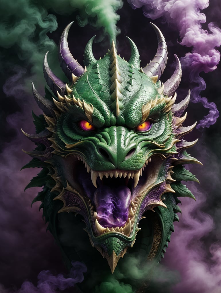 masterpiece, best quality, high resolution, close-up, mystical, dragon head, dark green and purple smoke background, ornate design surrounding the main image