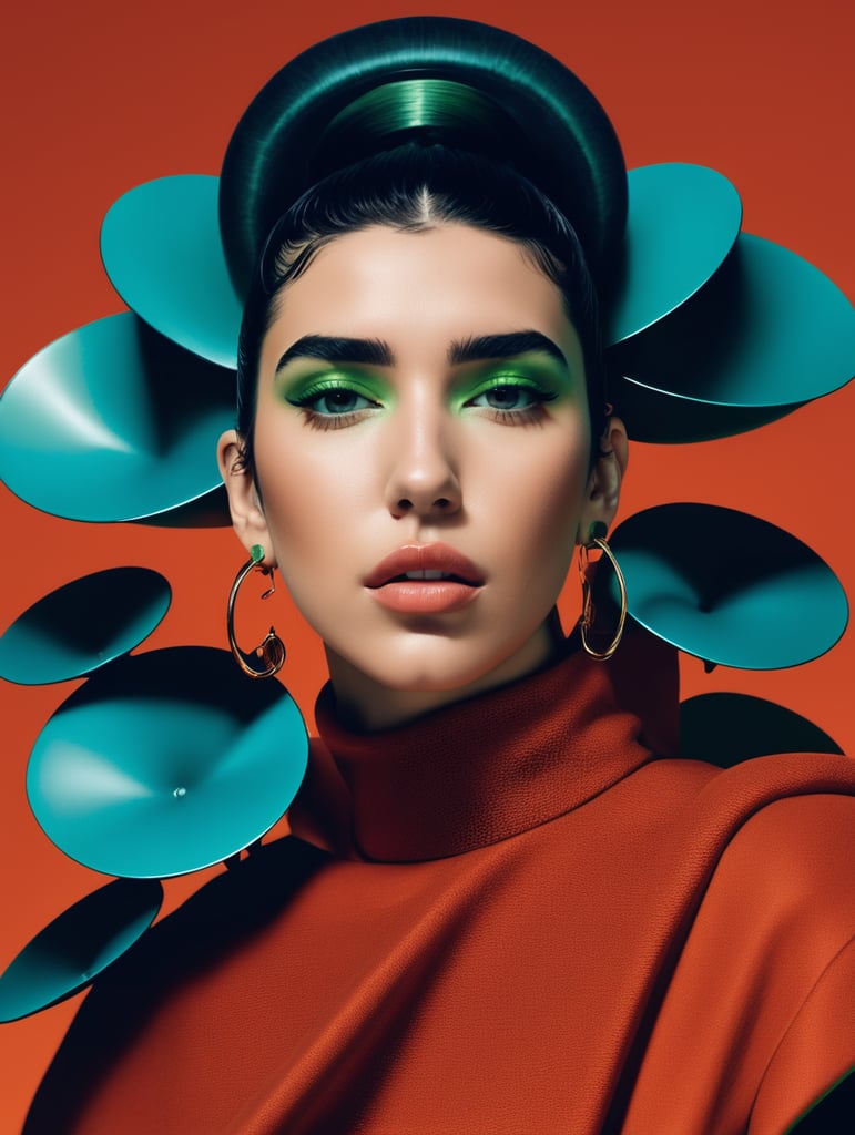Dua Lipa, futuristic, simplygo, photoshoot spread, dressed in all green, harpers bizarre, cover, headshot, hyper realistic