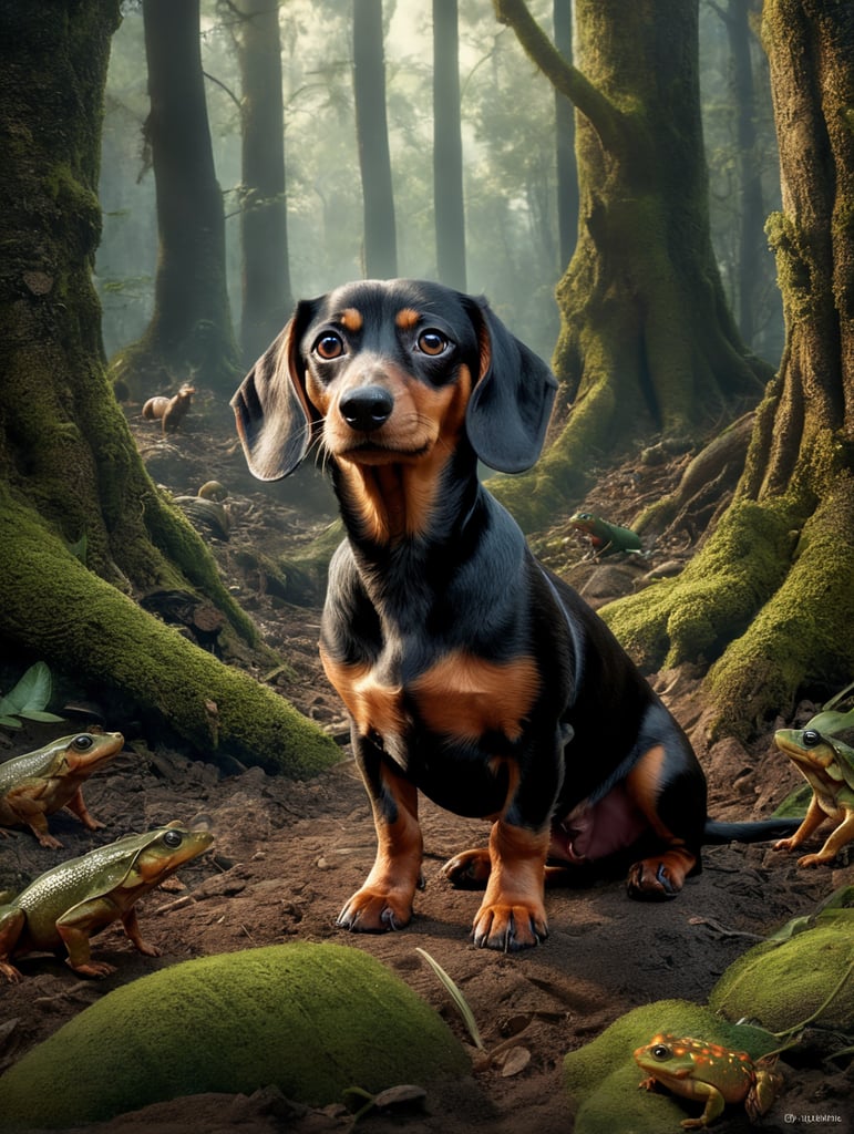 A dachshund in the middle of a forest filled with frogs. The ground is dry and cracking.