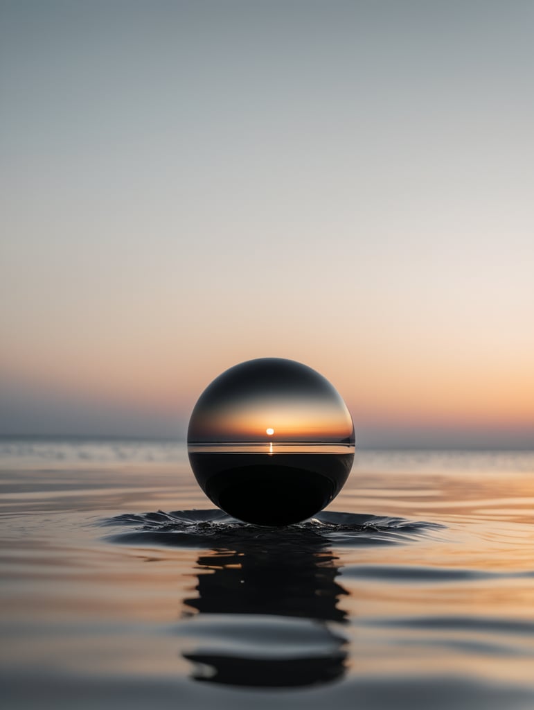 minimal, simple black sphere hover above water, just the horizon on the background