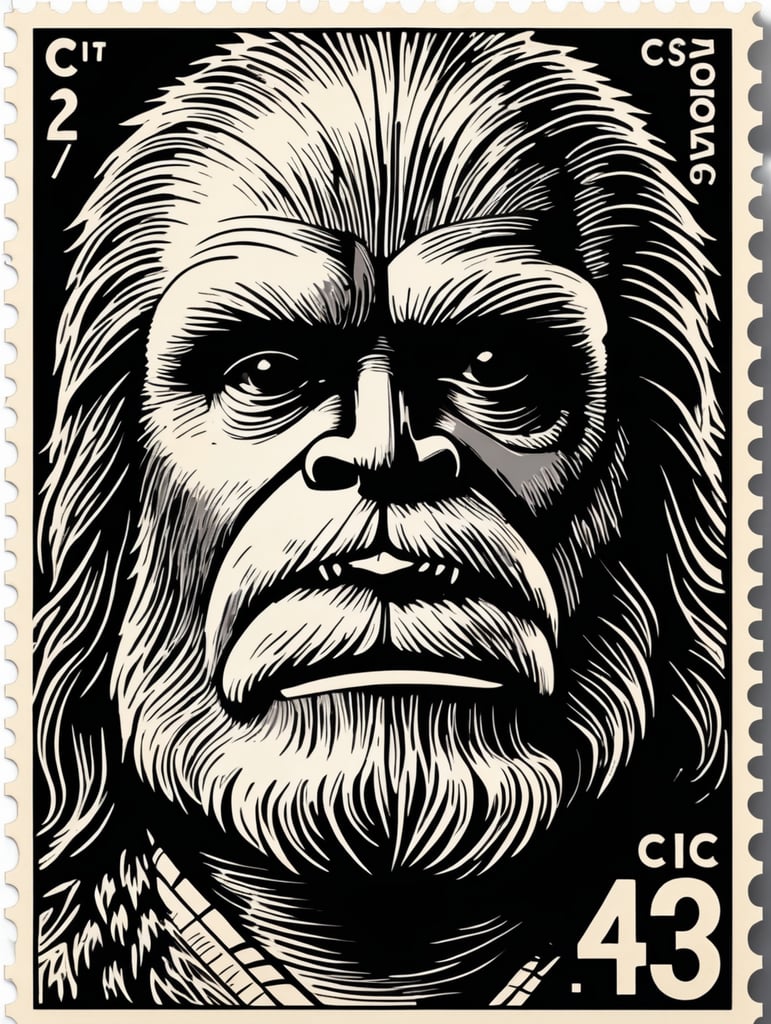 black and white linocut postage stamp chewbacca 43¢ thick lines bold dark lines vintage artwork