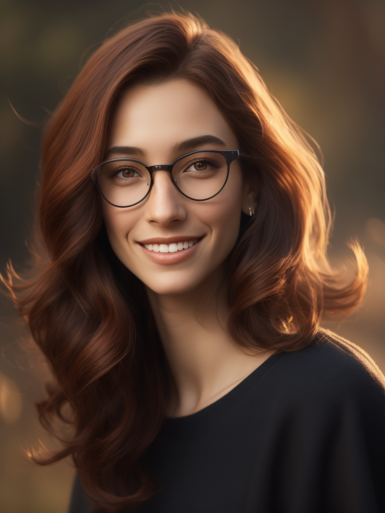 young woman reddish brown hair shorter wavy hair brown eyes girl next door look smiling friendly looking quiet understated beauty nerdy glasses